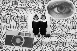 Collage of "Identical Twins" and clip art of a camera on black and white patterned background