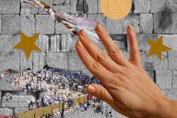 Collage of the Kotel with a hand touching the wall and stars around. 