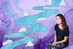 Collage of Alicia Jo Rabins and a river on purple background