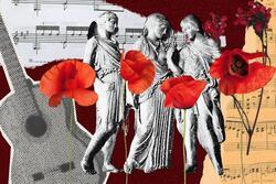 Collage with ancient Greek sculptures of Orpheus, Eurydice & Hermes, as well as as sheet music, a guitar, and flowers