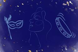 Gold line drawings of woman, mask, and tambourine on blue and gold background