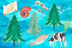 Collage of trees, cattle, and fish on blue patterned background