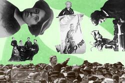 Collage of various images of Emma Goldman on green background