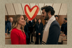 Collage with image of Kristen Bell and Adam Brody acting in Nobody Wants This with a heart.