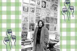 Collage of Susan Weidman Schneider on green and white checkered background