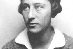 black and white photograph of a woman with short dark hair