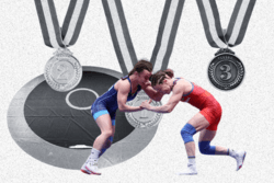 Collage with image of Amit Elor wrestling with medals in the background