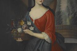 portrait of a woman with dark hair wearing a red gown and holding a basket of flowers