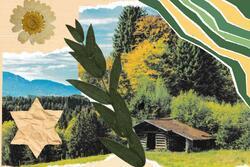 Collage with star of David, trees, and summer camp cabin