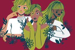 Illustrations of Women Outlined with Flowers in Shades of Green, Blue, and White