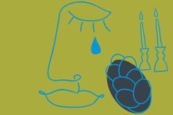 Collage of Outlined Abstract Images: Face with Tear Drop, Candlesticks, Challah
