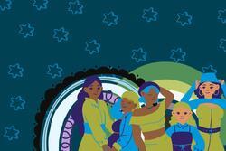 Collage of Illustrated Figures in Front of Asexual and Aromantic Pride Flag Colored Rainbows