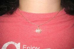 Star of David necklace on a red shirt
