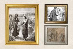 Collage of framed engravings of the story of Ruth