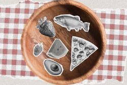 Collage with wooden bowl with a pizza, fish, watermelon, avocado, and other food items in it on a table cloth