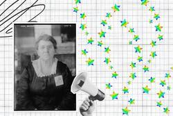 Emma Goldman with green and blue multi-color stars and a megaphone