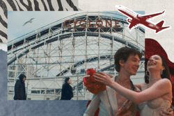 Collage with image of characters from the film, Anora and Vanya, and Coney Island cyclone roller coaster