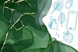 Green and gold watercolor next to line drawing of smartphone