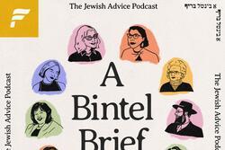 Logo for A Bintel Brief Podcast, features the podcast name and drawings of different people surrounding it