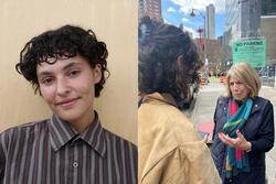 Collage of headshot of Joia Putnoi and photo of Joia interviewing her grandmother on a city street