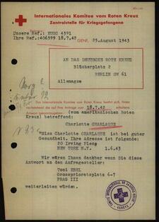 Historical document from the Red Cross regarding the welfare of Charlotte Charlaque