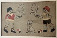 embroidery of a seated dog and two boys smoking cigars