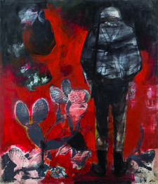 Painting of a soldier with a sabra bush, with a red background