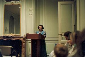 Gloria Gervitz at a podium at Brown University