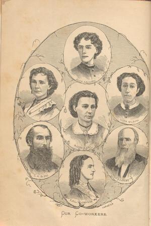 Engraving with 7 portraits in a circle, Cora Wilburn on the right. Text across the bottom: Our Co-Workers