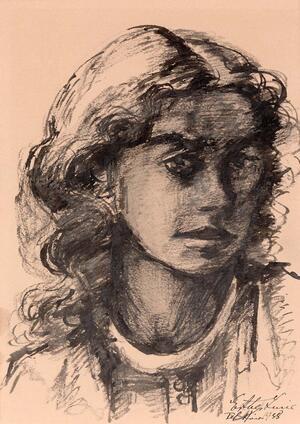 A charcoal portrait of a young woman with curly, shoulder-length hair