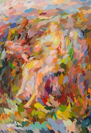 An abstract painting in a rainbow palette showing a woman seated, a man standing behind her, being presented with a baby