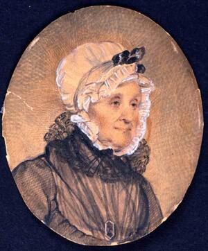 A drawing of Grace Seixas Nathan, wearing a black dress with a ruffled collar and a white bonnet