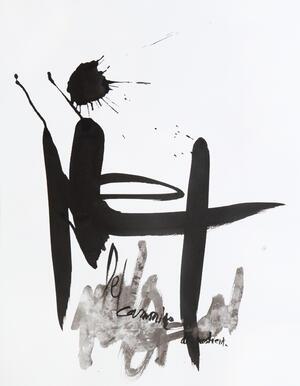 Abstract painting with black and grey brush strokes and some indistinct writing