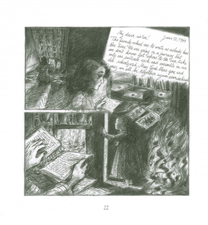 Multi-panel drawing of a woman looking over letters and photos and tearing pages from a book, putting them in a fire; young girl standing at the door and watching; abstract Hebrew letters in a fire
