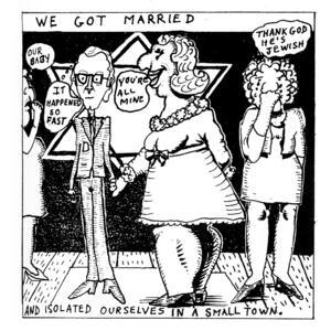 An illustration of, from left to right, an older woman, a man in a suit, a woman in a wedding dress, and another older woman, all with thought or speech bubbles, and a star of David in the background