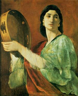 Painting of Miriam looking to the right of the frame with timbrel in hand