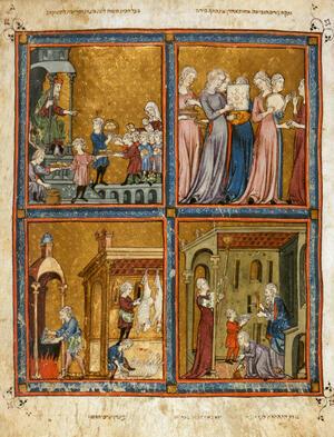 Folio leaf from a 1320s Sephardi Golden Haggadah with four miniature paintings depicting scenes from the Book of Exodus, set against gold-tooled backgrounds