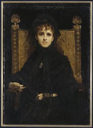 Portrait of Geneviève Straus, She is clothed in black and sits in a high-back wooden chair. She stares directly in front of her. Her left hand rests in her lap while her right lays on the chair's arm rest.