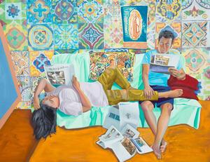 colorful painting of a father and daughter reading the New York Times