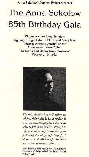 Anna Sokolow's 85th Birthday Gala Program, 1995, Page 1