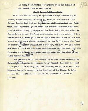 An Early Confirmation Certificate for the Island of St. Thomas, Dutch West Indies by Rabbi David Philipson D.D. (Page 1 of 3)