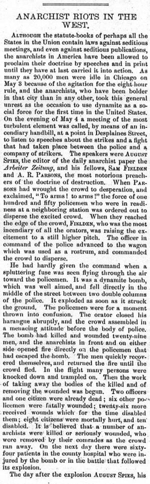 "Anarchist Riots in the West" Article About the Bombing in Chicago's Haymarket Square, Page 1