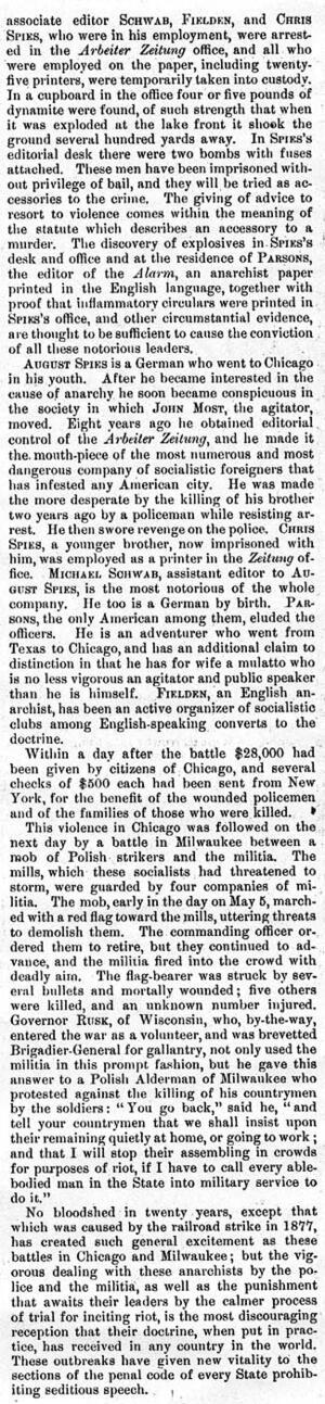 "Anarchist Riots in the West" Article About the Bombing in Chicago's Haymarket Square, Page 2