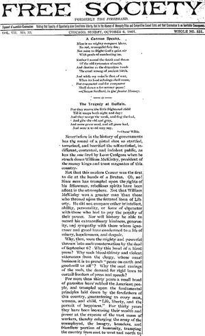 "The Tragedy at Buffalo" Article by Emma Goldman from Free Society, October 6, 1901, Page 1