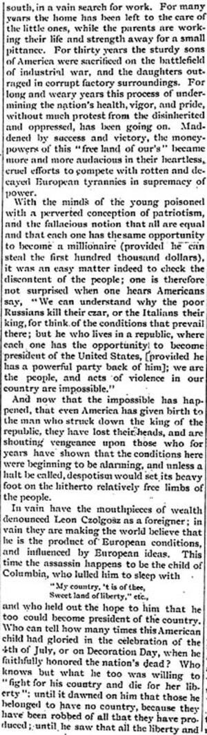 "The Tragedy at Buffalo" Article by Emma Goldman from Free Society, October 6, 1901, Page 2