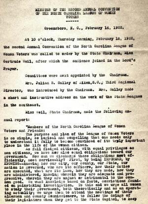 Minutes of the Second Annual Convention of the North Carolina League of Women Voters, February 16, 1922, page 1