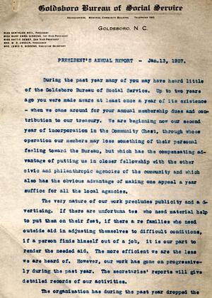 Gertrude Weil's Annual Report as President of the Goldsboro Bureau of Social Service, page 1, January 13, 1927