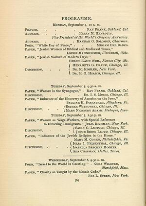 The 1893 Jewish Women's Congress Program of Events, page 1