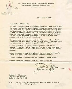 Letters from Rabbi Joel S. Geffen to Madame Alexander, December 19, 1977