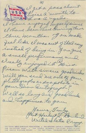 Fan Mail to Molly Picon From Private Herbert Rowland, September 12, 1943